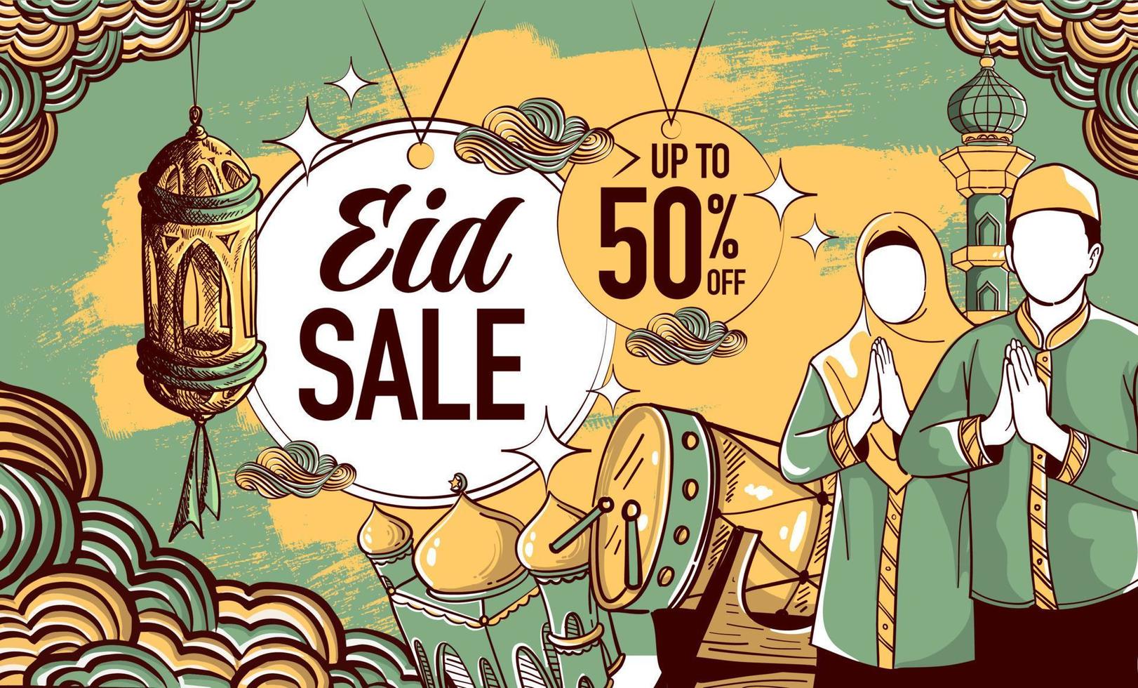banner de ilustración de venta de eid al-fitr dibujado a mano vector
