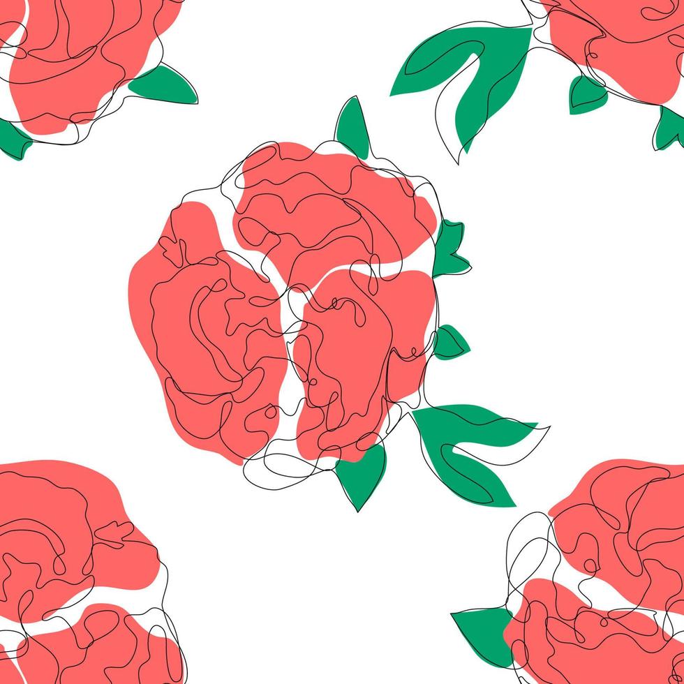 Peony flowers seamless pattern in continuous line style. Vector floral background.