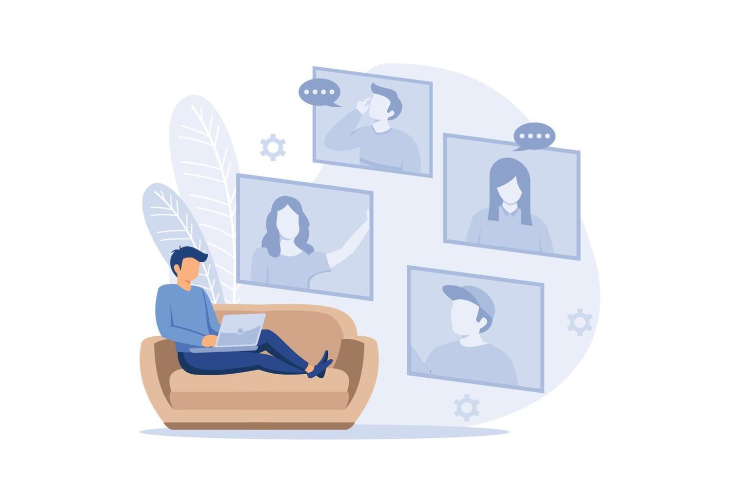 Virtual meeting and meetup group with technology computer, laptop, mobile phone, etc. teleconference flat vector illustration