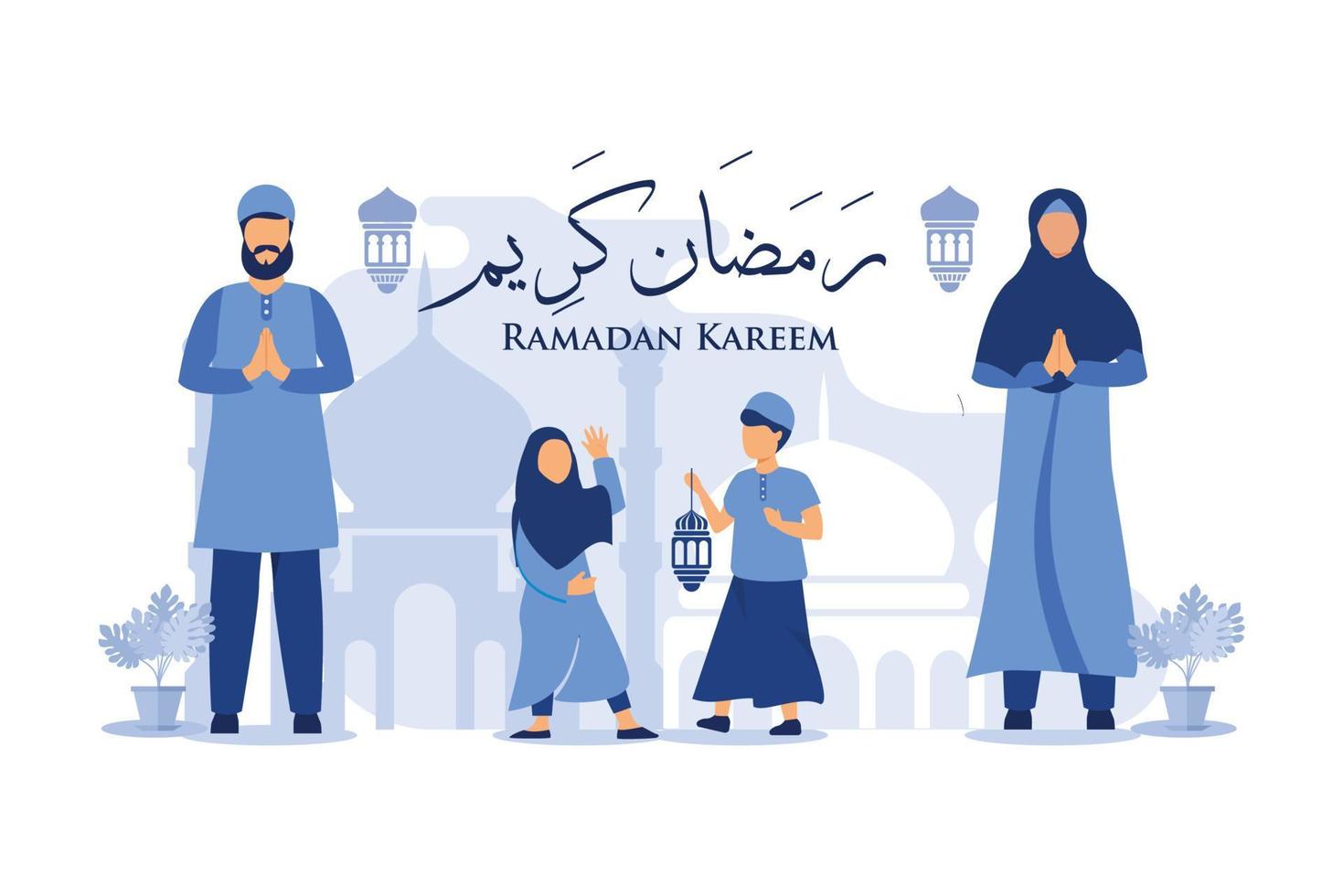 hermosos fondos para saludos de ramadán con un par de personajes musulmanes y texto de marhaban ya ramadhan significa bienvenido al mes de ramadán vector