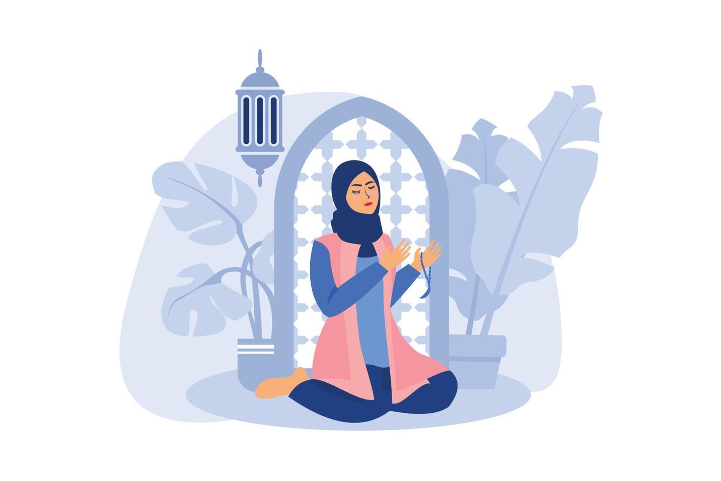 Muslim woman praying to allah during salat vector flat illustration. islam girl sitting with begging hand gesture character design