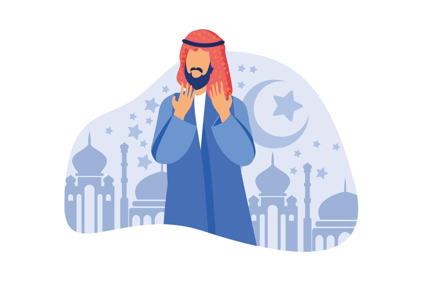 hombre musulmán rezando ilustración. ramadán mubarak 1441 h. plantilla de mes sagrado personaje árabe con traje de cultura. estilo de diseño plano para ui, tarjeta de felicitación, etc. vector