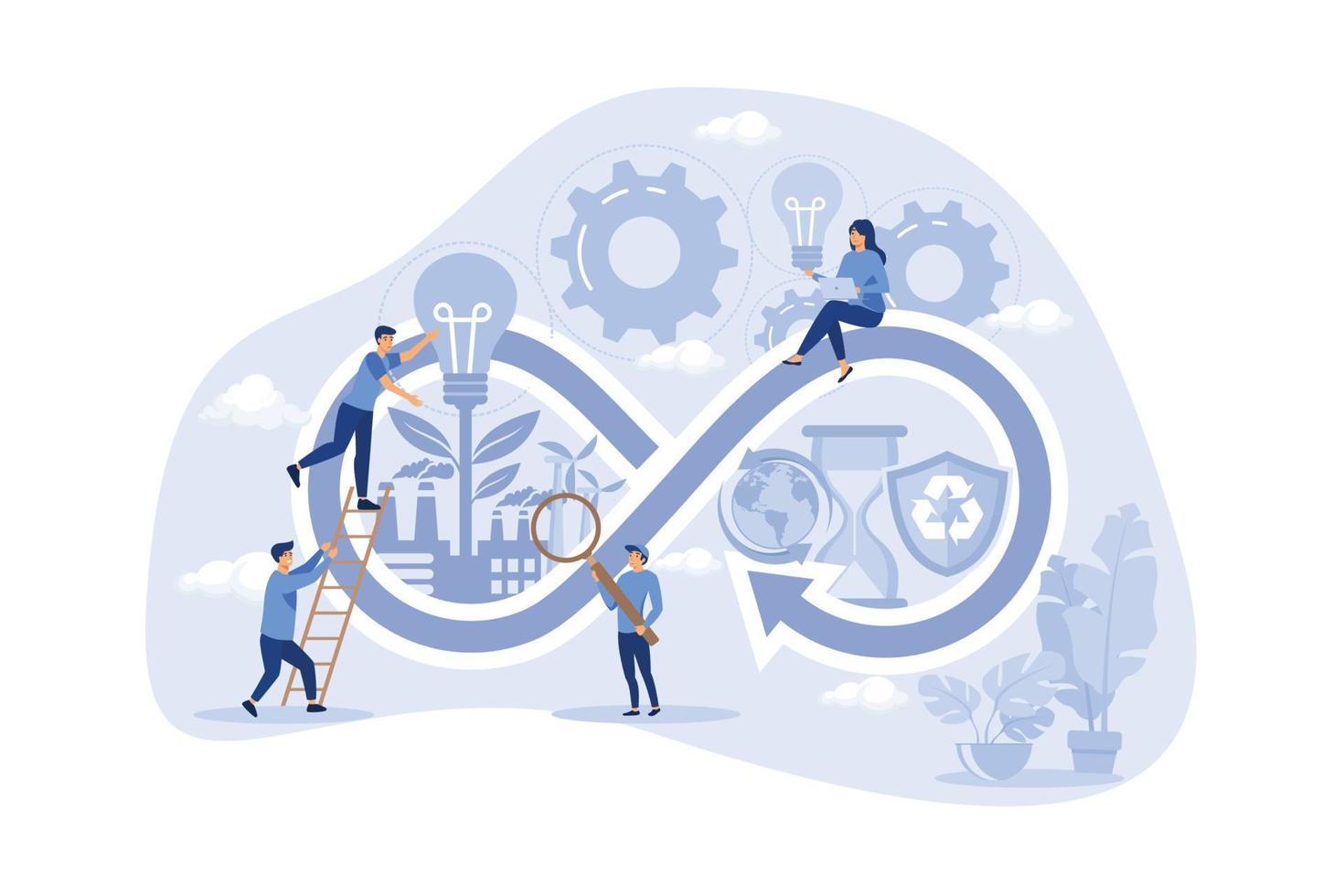 Circular economy manufacturing cycle, sustainable strategy flat person concept. Optimal reuse of the resources and reduced waste management. Environmental friendly industrial loop for high efficiency. vector