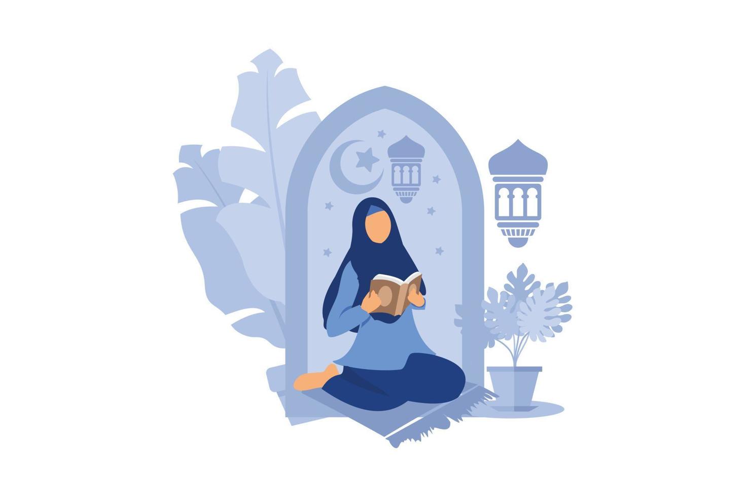 flat illustration of man and woman studying and reading the holy quran in their daily activity vector