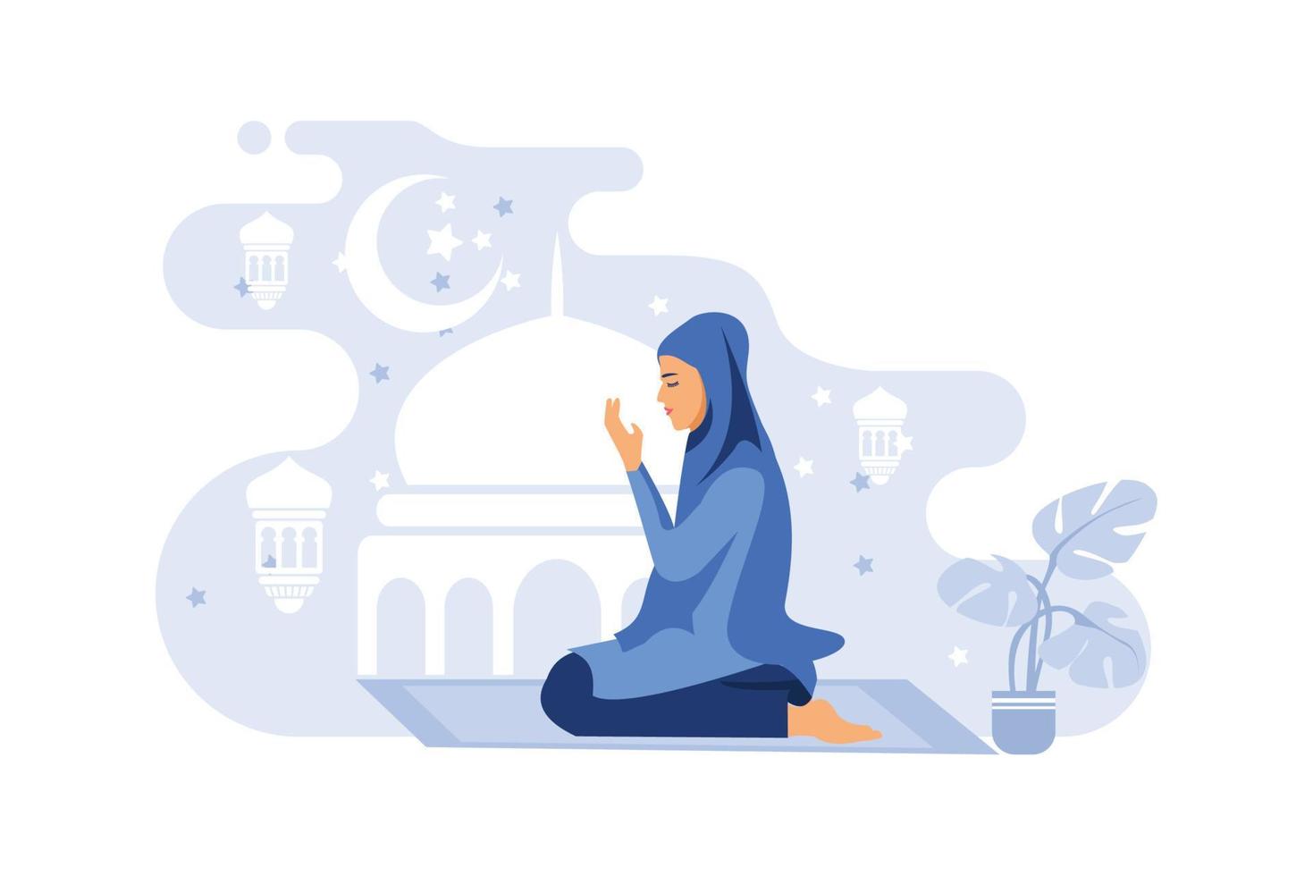 Beautiful young muslim woman pray from side view, sitting on roof. Vector illustration in EPS 10.