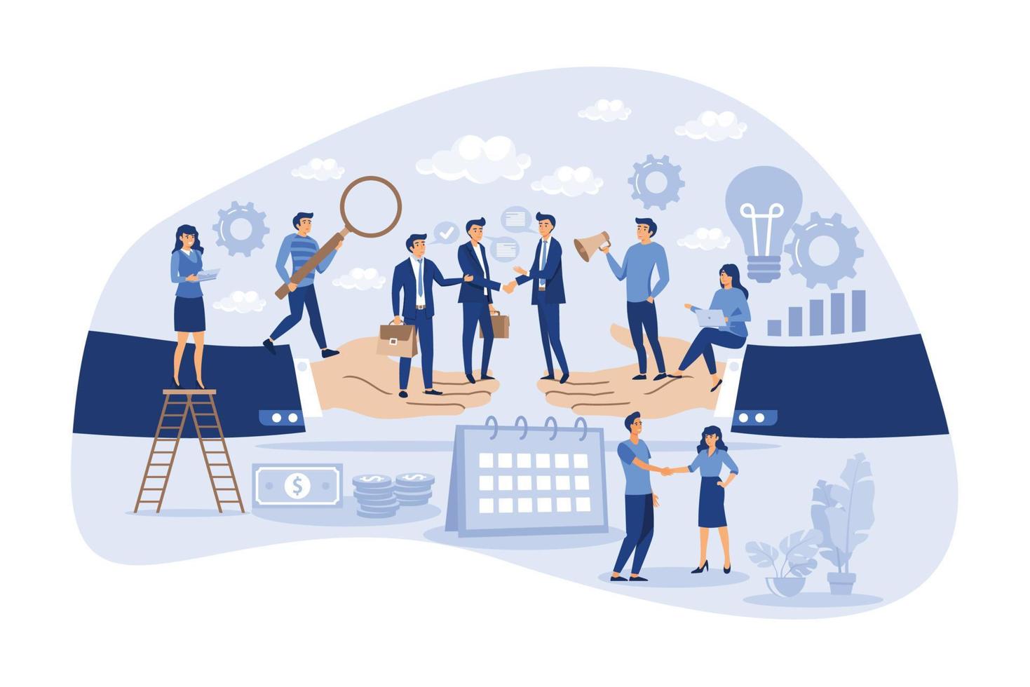 Business cooperation as new agreement or deal development flat person concept. Partnership and collaboration for B2B project vector illustration. Businessman handshake as company colleague interaction