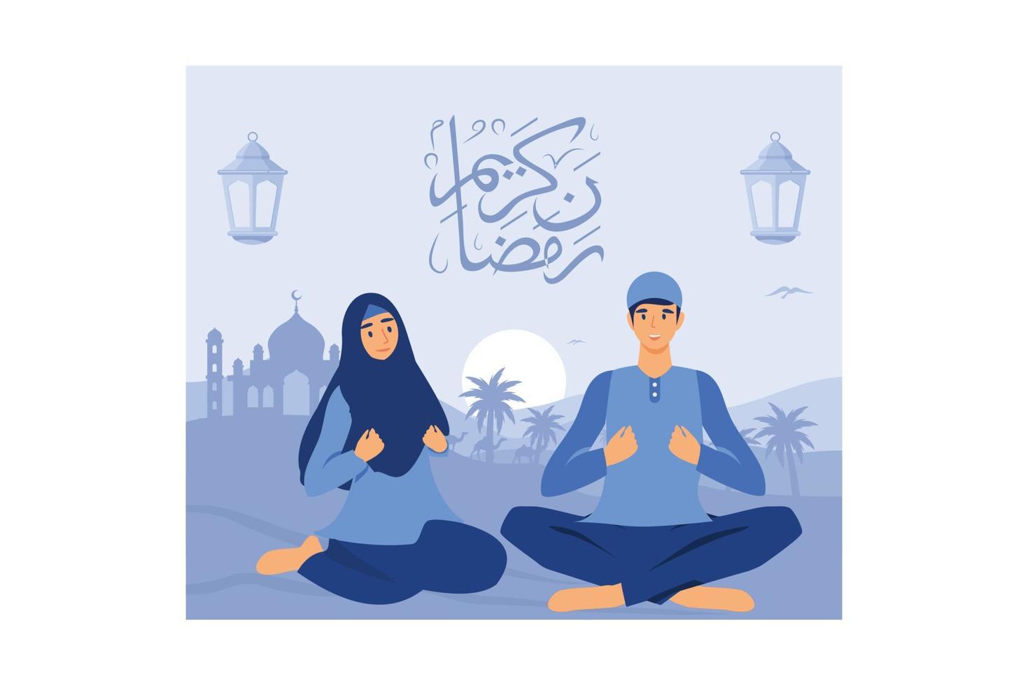 Feliz concepto de saludo de Ramadán Mubarak con carácter de personas para plantilla de página de destino web, banner, presentación, redes sociales y medios impresos. Ilustración de vector de diseño plano islámico eid fitr o adha.