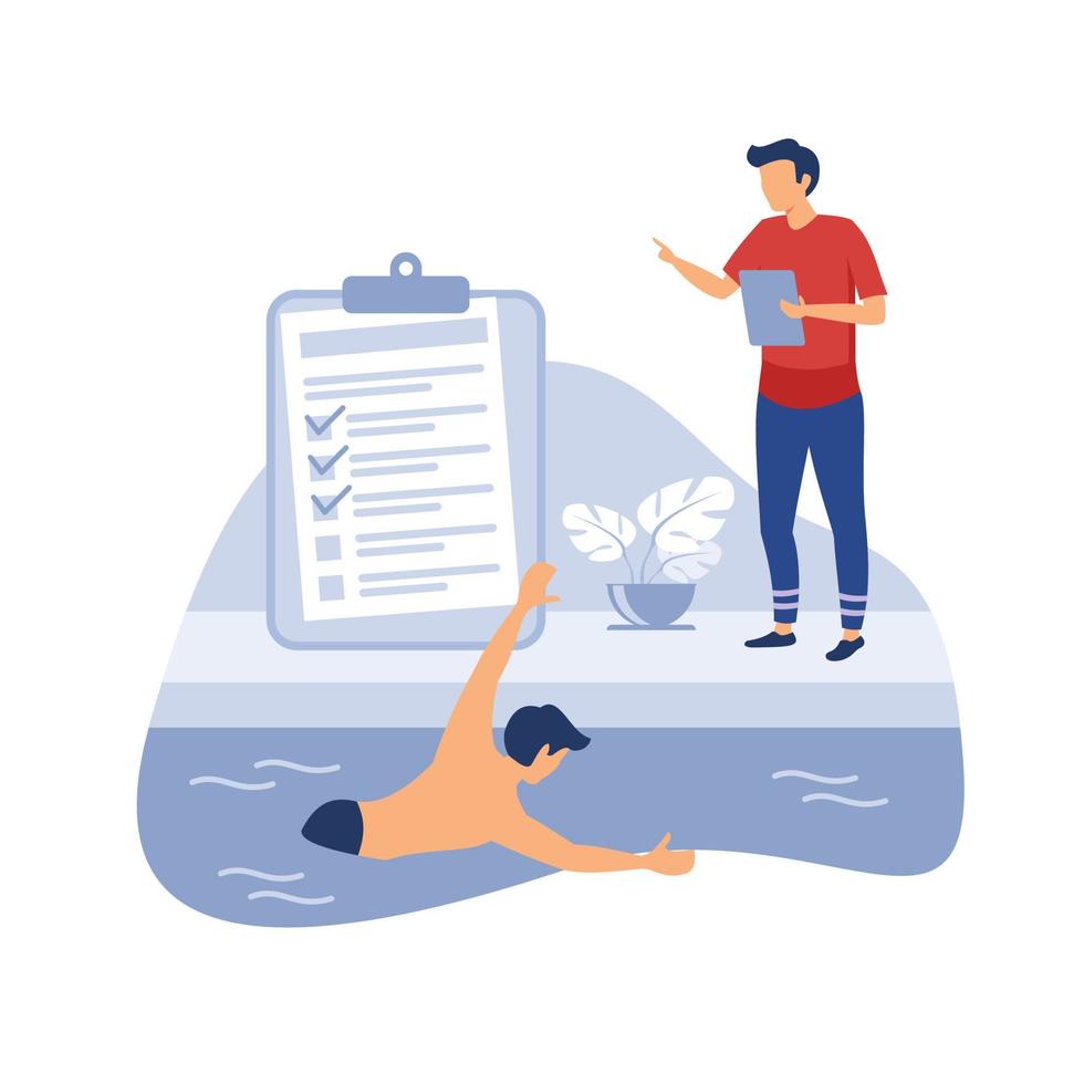 Clases de natación y salvamento. formación de salvavidas, entrenador del equipo de rescate, instructor de seguridad en el agua. equipo salvavidas. ejercicios de rescatistas. Ilustración de metáfora de concepto aislado de vector