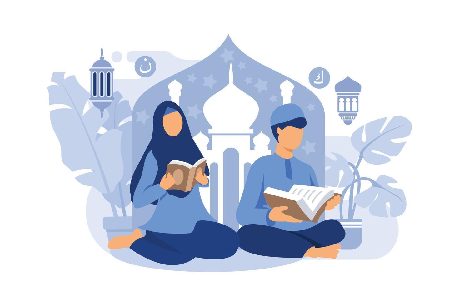 Muslim couple reading and studying the Quran during Ramadan Kareem holy Month vector illustration