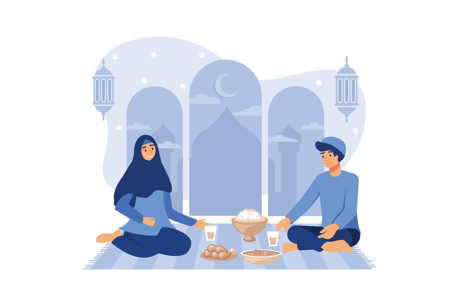 Iftar Eating After Fasting feast party concept. Moslem family dinner on Ramadan Kareem or celebrating Eid with people character. web landing page template, banner, presentation, social or print media vector