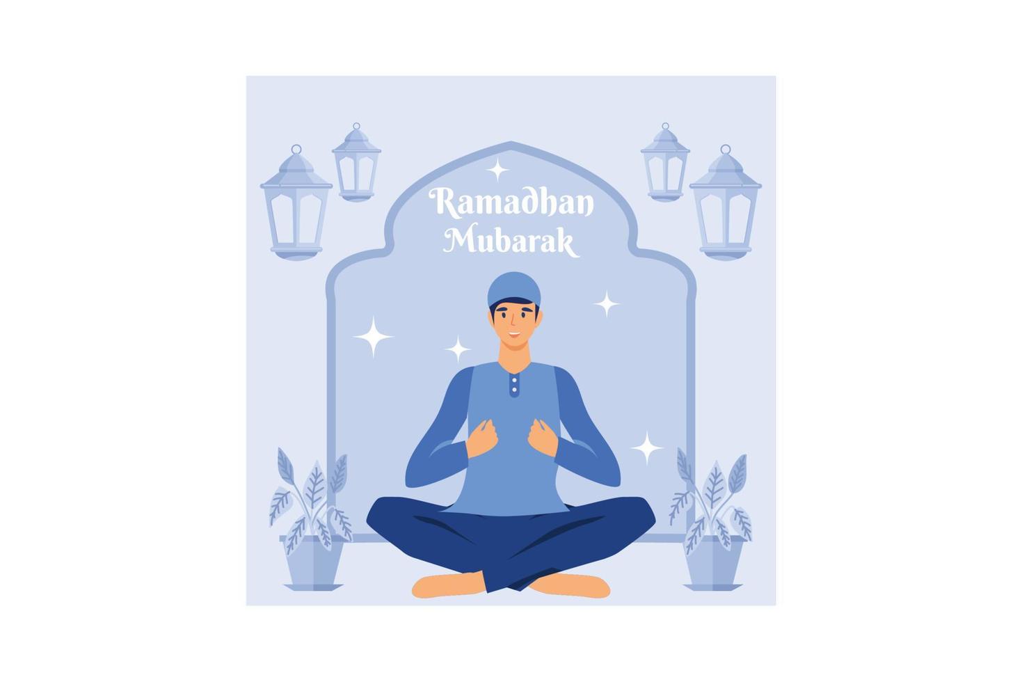 happy ramadan mubarak greeting concept with people character for web landing page template, banner, presentation, social, and print media. islamic eid fitr or adha flat design vector illustration.