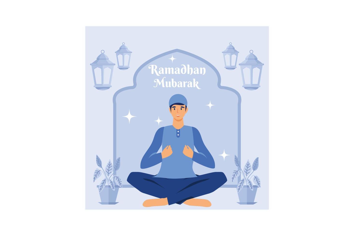 happy ramadan mubarak greeting concept with people character for web landing page template, banner, presentation, social, and print media. islamic eid fitr or adha flat design vector illustration.