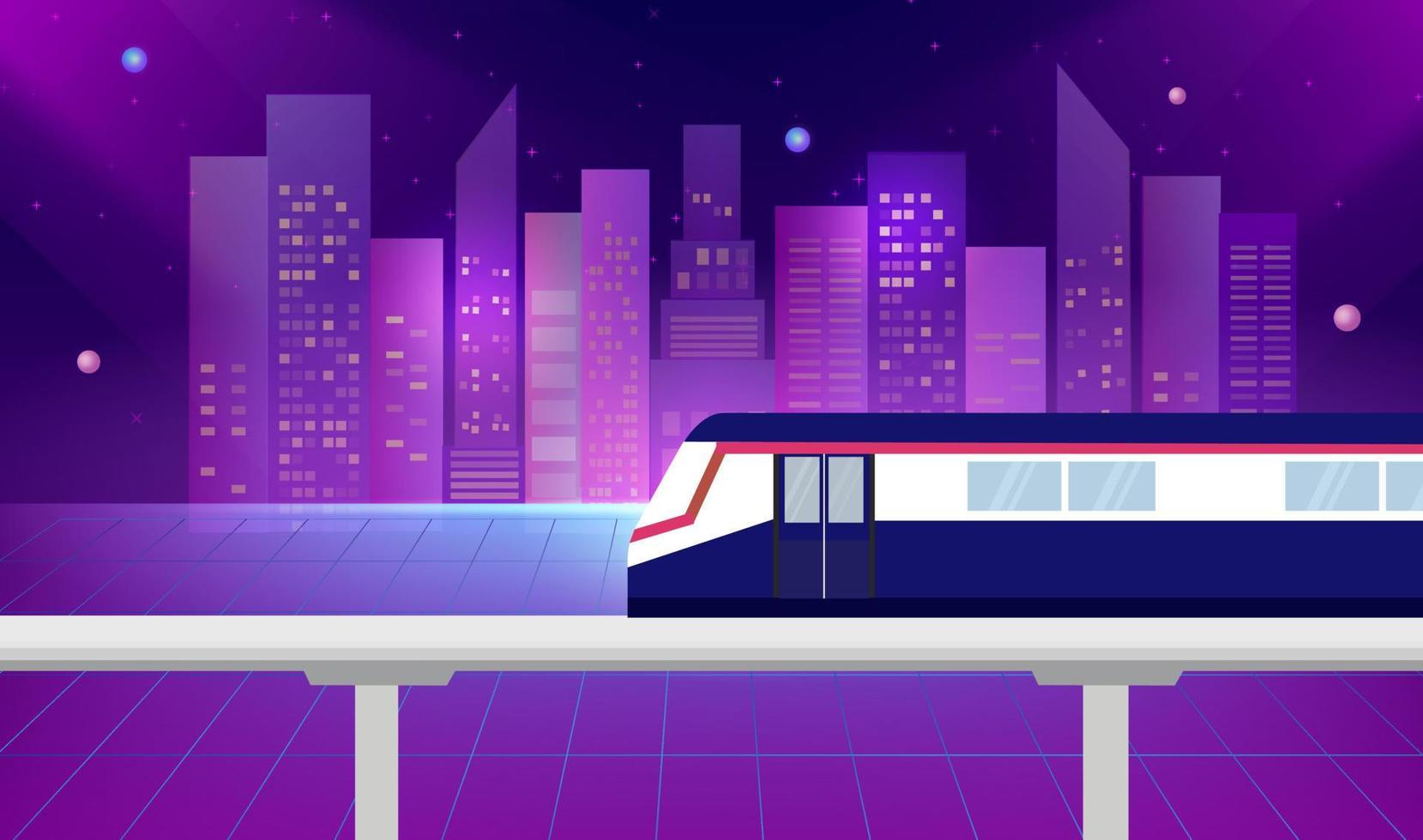 BTS Sky train in cityscape buildings at night vector Illustration. Transportation concept