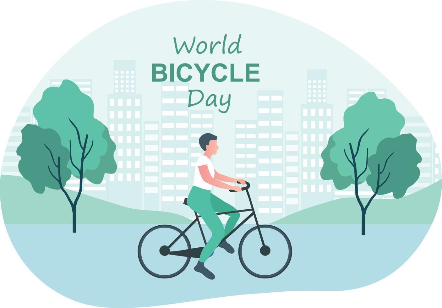 día mundial de la bicicleta, hombre montando bicicleta en la ciudad ilustración vectorial vector