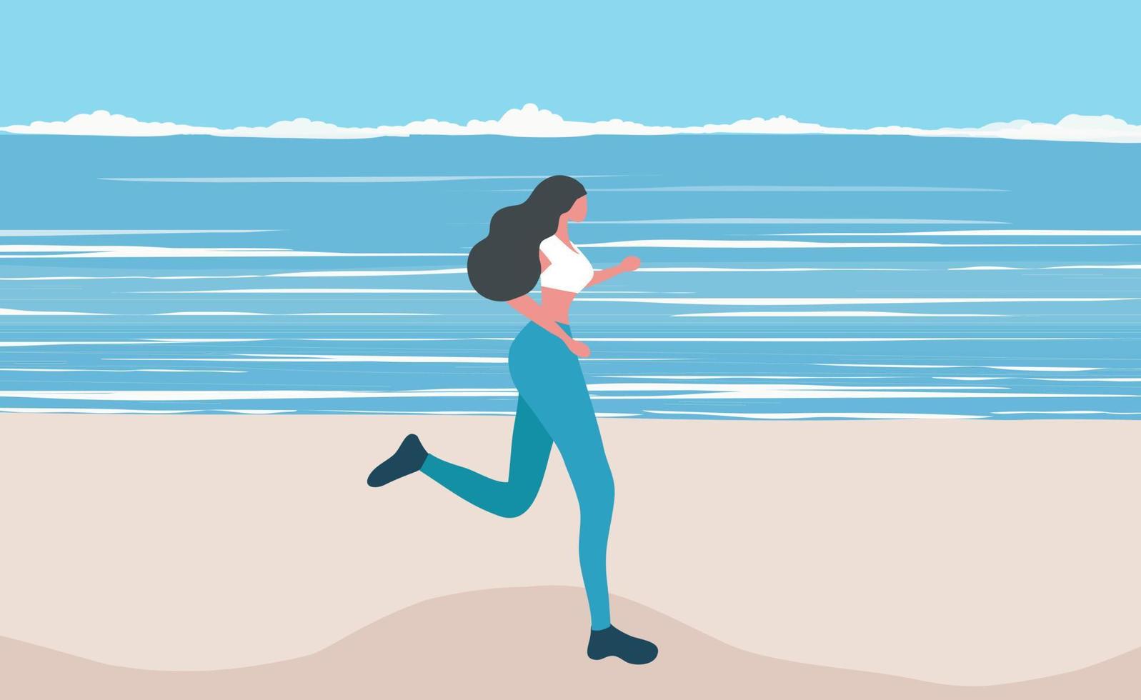 Beautiful woman running on beach. Healthy lifestyle workout vector illustration