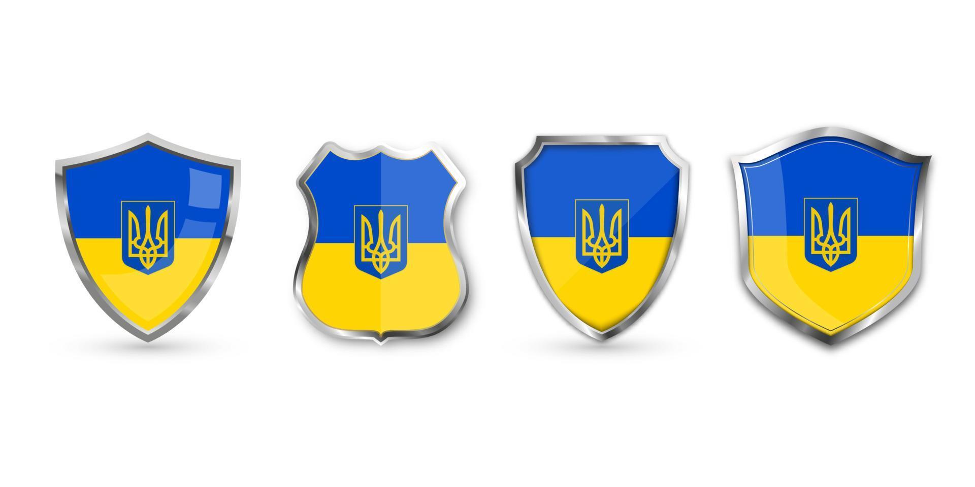 Set of metal shield with Ukrainian flag and coat of arms of Ukraine. Yellow blue flag of Ukraine with trident. vector