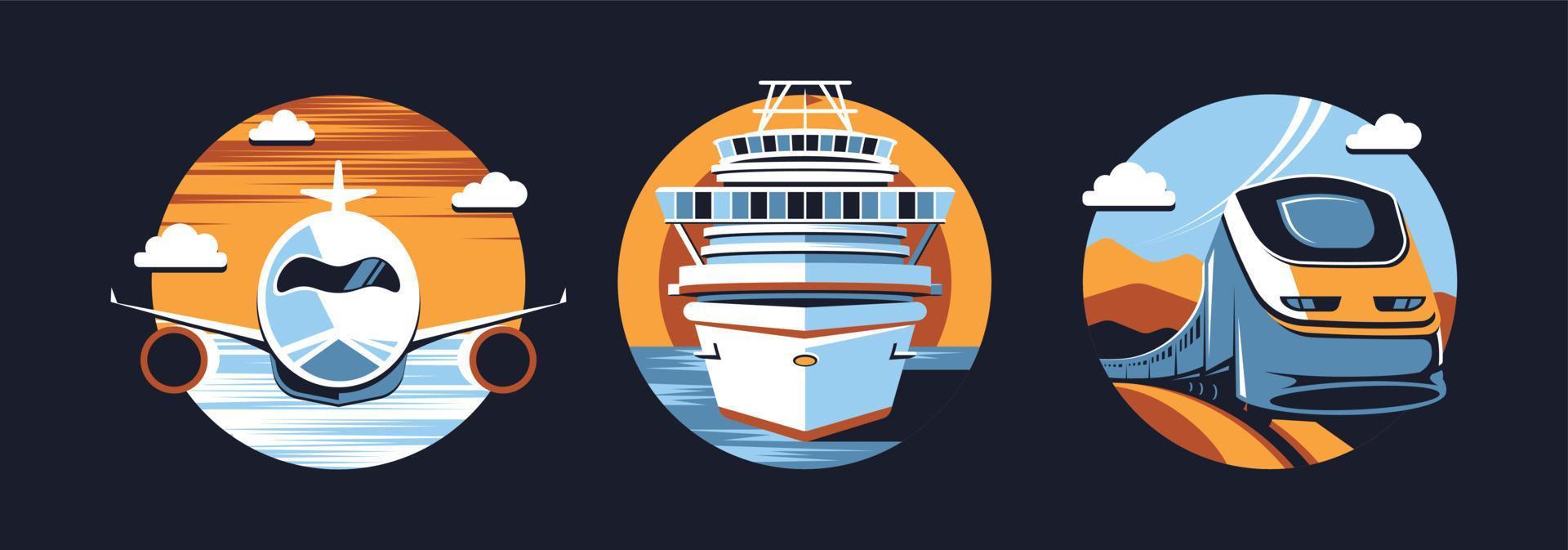 Travel Icons Set flat design. Colorful Airplane, Train, and Ship flat icon. vector