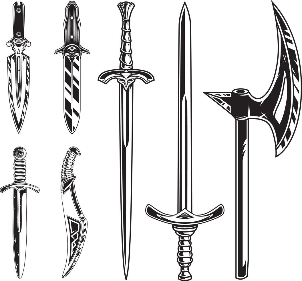 Meele Weapon Vector Pack. Set of isolated sword, dagger, and axe.