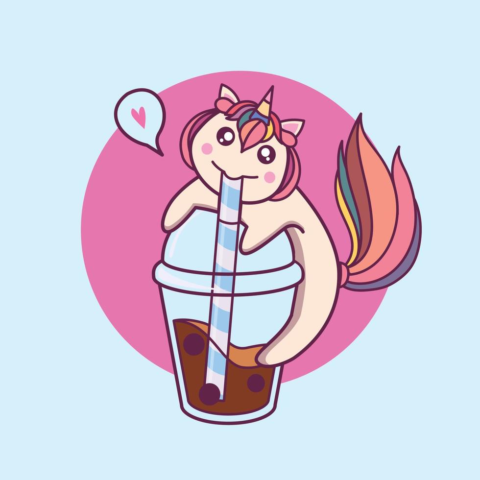 lindo gato unicornio bebiendo bobba vector