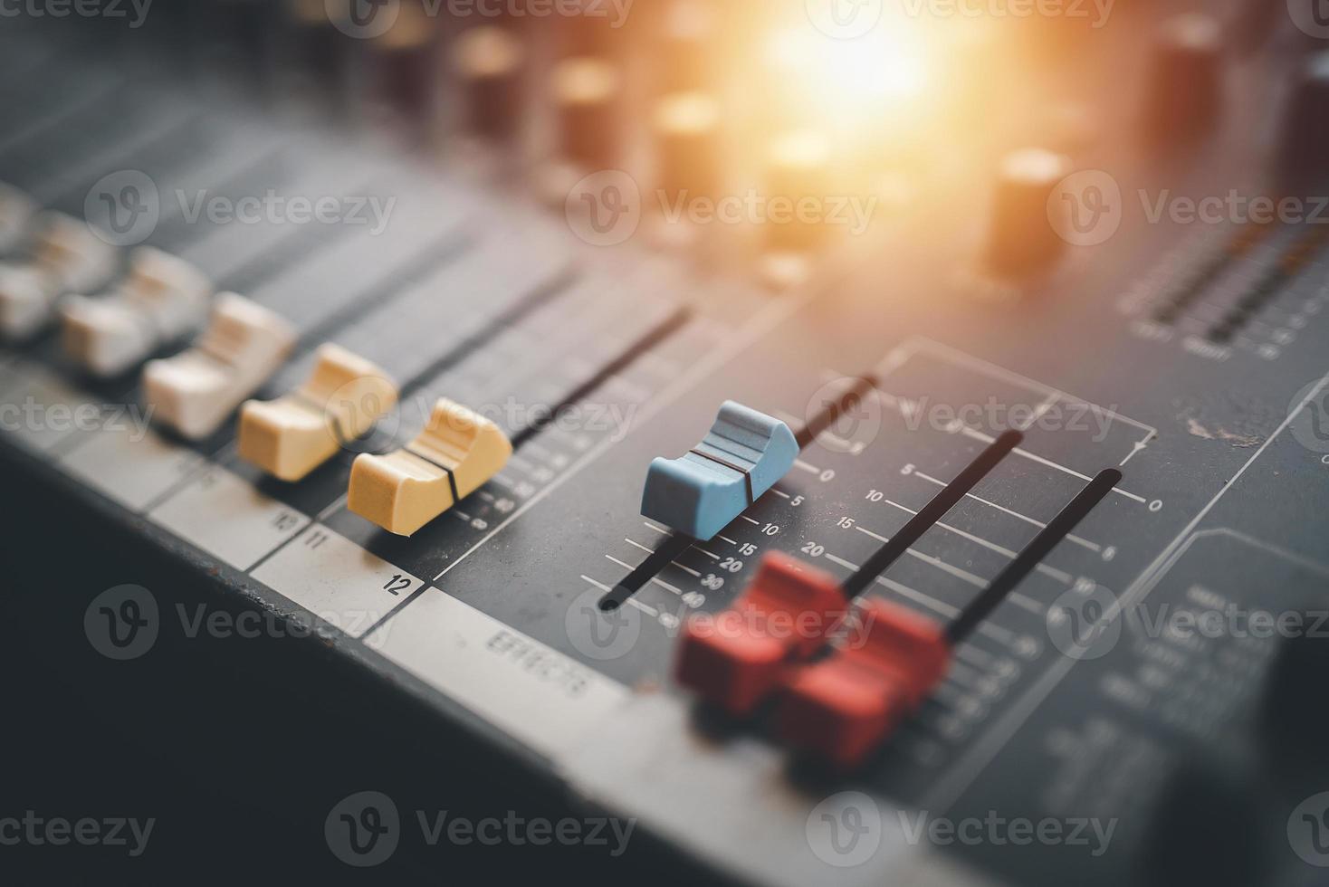 Audio music mixer. Digital sound equipment. Studio radio mixing.  Professional equalizer for concert mix, volume control, electronic instrument. Broadcast switch. Record technology. photo