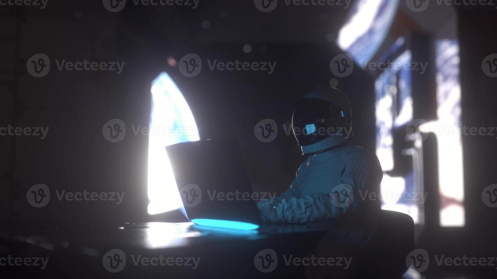 Astronaut works on his laptop in futuristic spaceship. Futuristic astronaut concept. 3d illustration photo