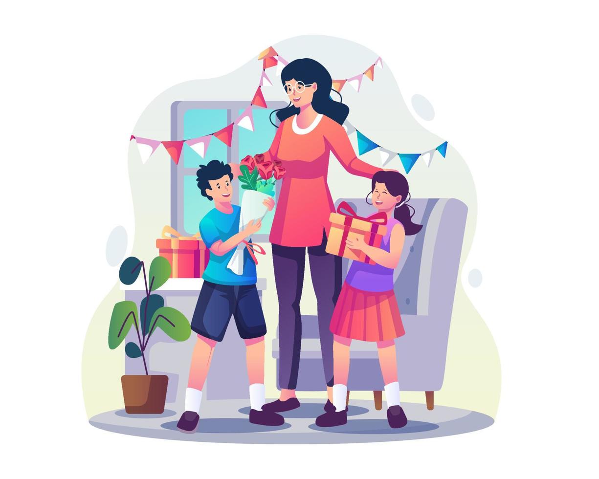 Children son and daughter giving gifts and flowers to their mother. Happy Mother's Day. Flat style vector illustration
