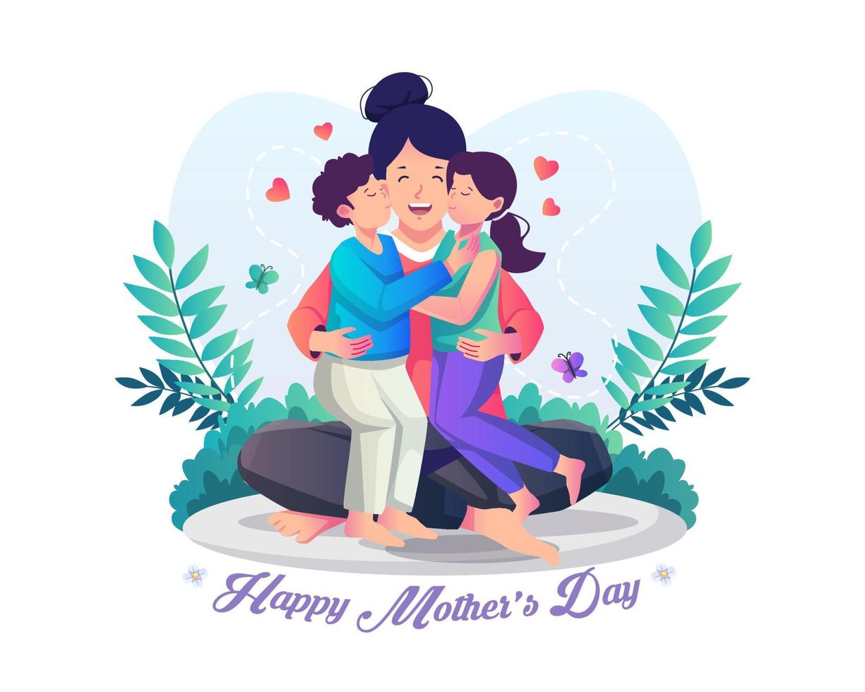 dos niños abrazan y besan las mejillas de su madre feliz desde ambos lados. feliz día de la madre. ilustración vectorial de estilo plano vector