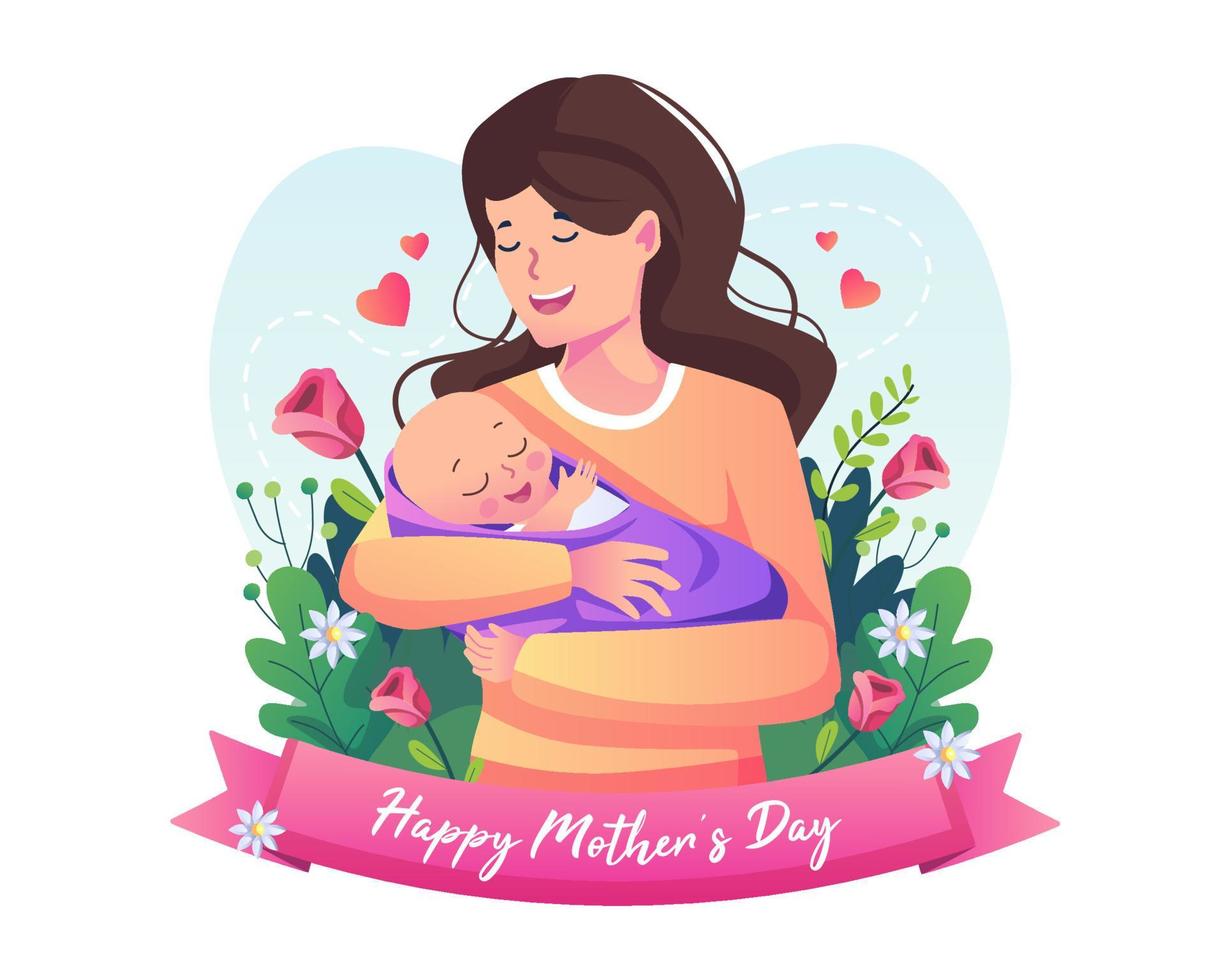 Mother holding a baby with a lot of love. Happy mother's day. Flat style vector illustration