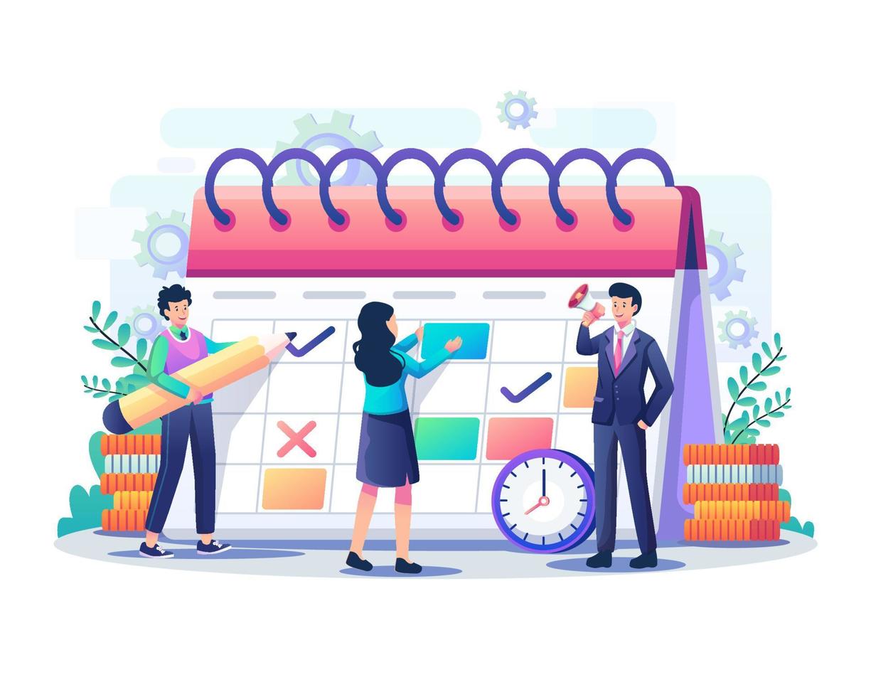 Business and Work planning schedule concept. People are filling out the work schedule on a giant calendar. Time Management concept. Flat style vector illustration