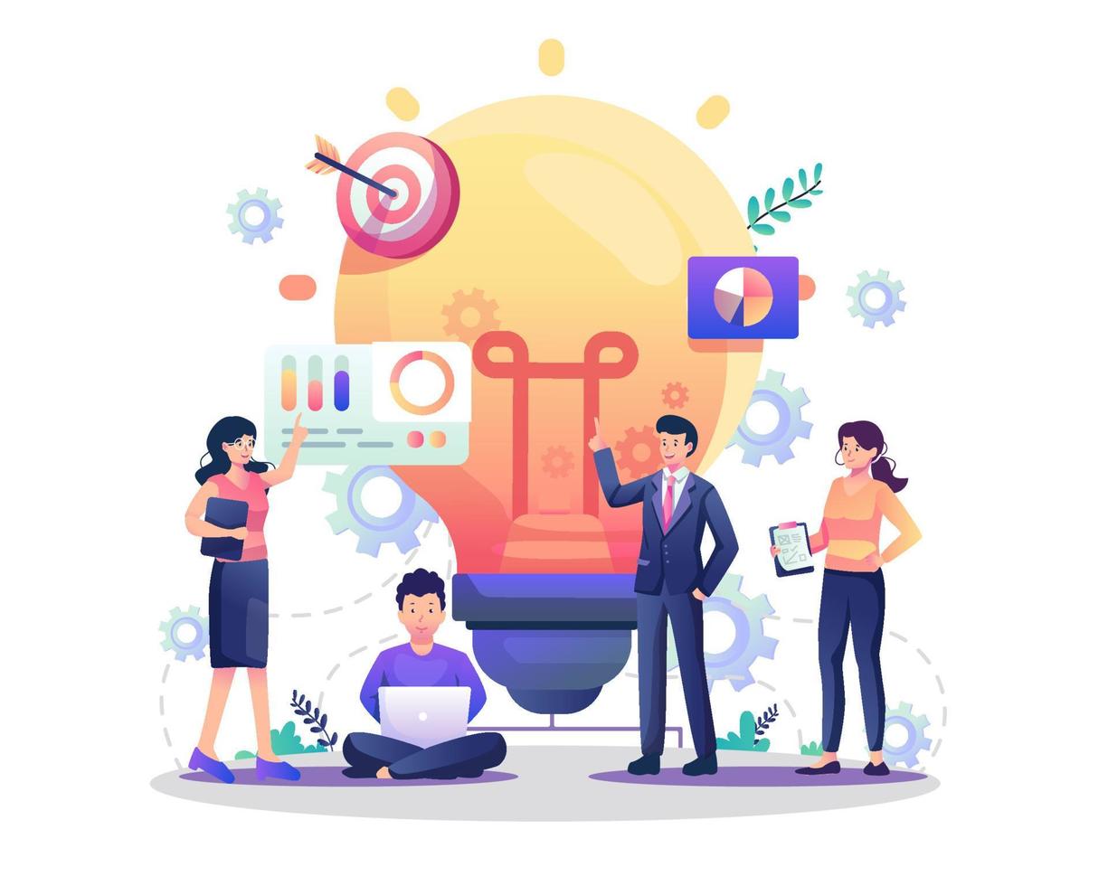 people characters work near a big light bulb to develop creative ideas and solutions for a business. Flat style vector illustration