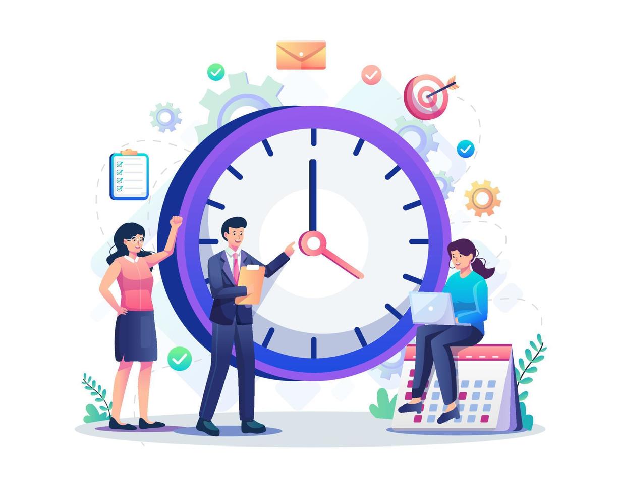 Time management concept, Business people working near the big clock. Time schedule and business plan. Flat style vector illustration