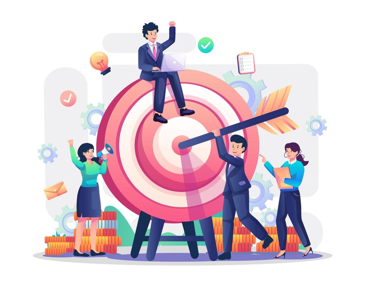 Business Goals Achievement concept with a businessman put an arrow dart on the target board. The business team hitting the target. Flat style vector illustration