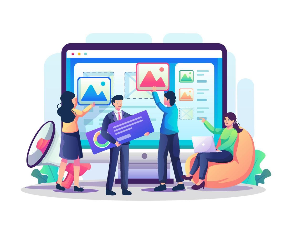 Digital marketing concept with people putting content images marketing to the web dashboard screen. Search Engine Optimization, Promotion, Working process, and Teamwork. Flat style vector illustration