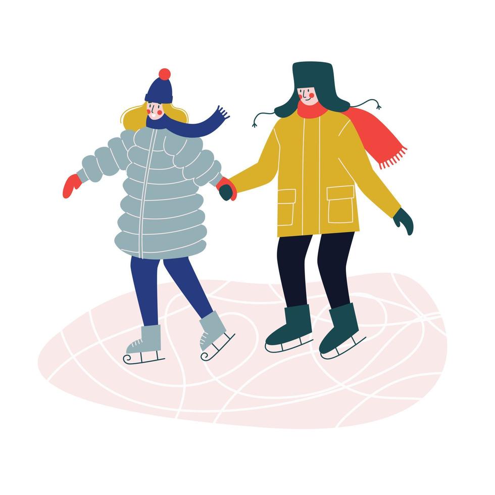 pareja joven de mujer y hombre patinando sobre hielo juntos en la pista de hielo, tomados de la mano. ilustración vectorial plana. Fondo blanco. vector