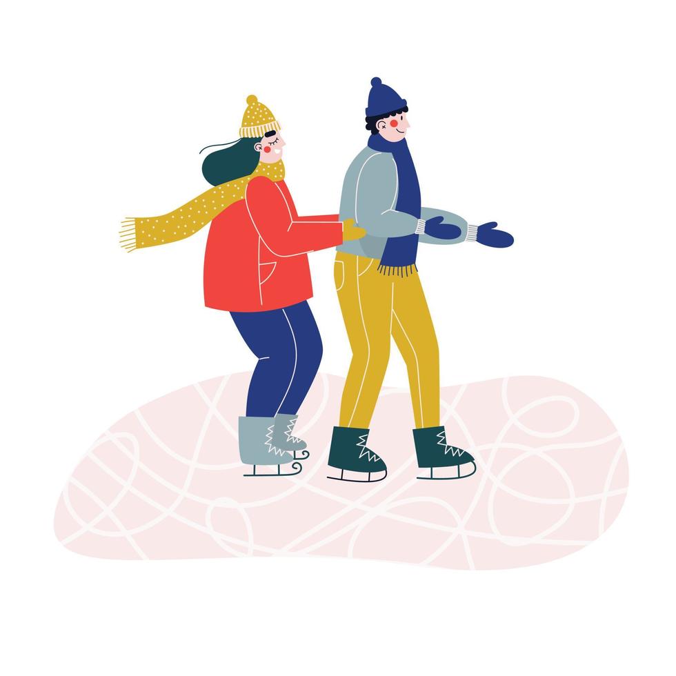 Young couple of woman and man ice skating together on ice rink, holding hands. Flat vector illustration.