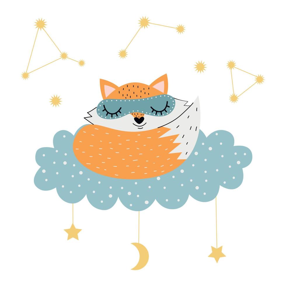 Cute fox sleeping on a cloud. vector