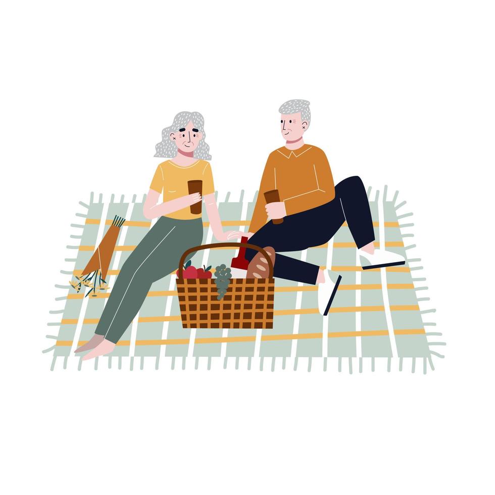Retired couple having picnic. Aged man and woman outdoors on date. Flat vector illustration.