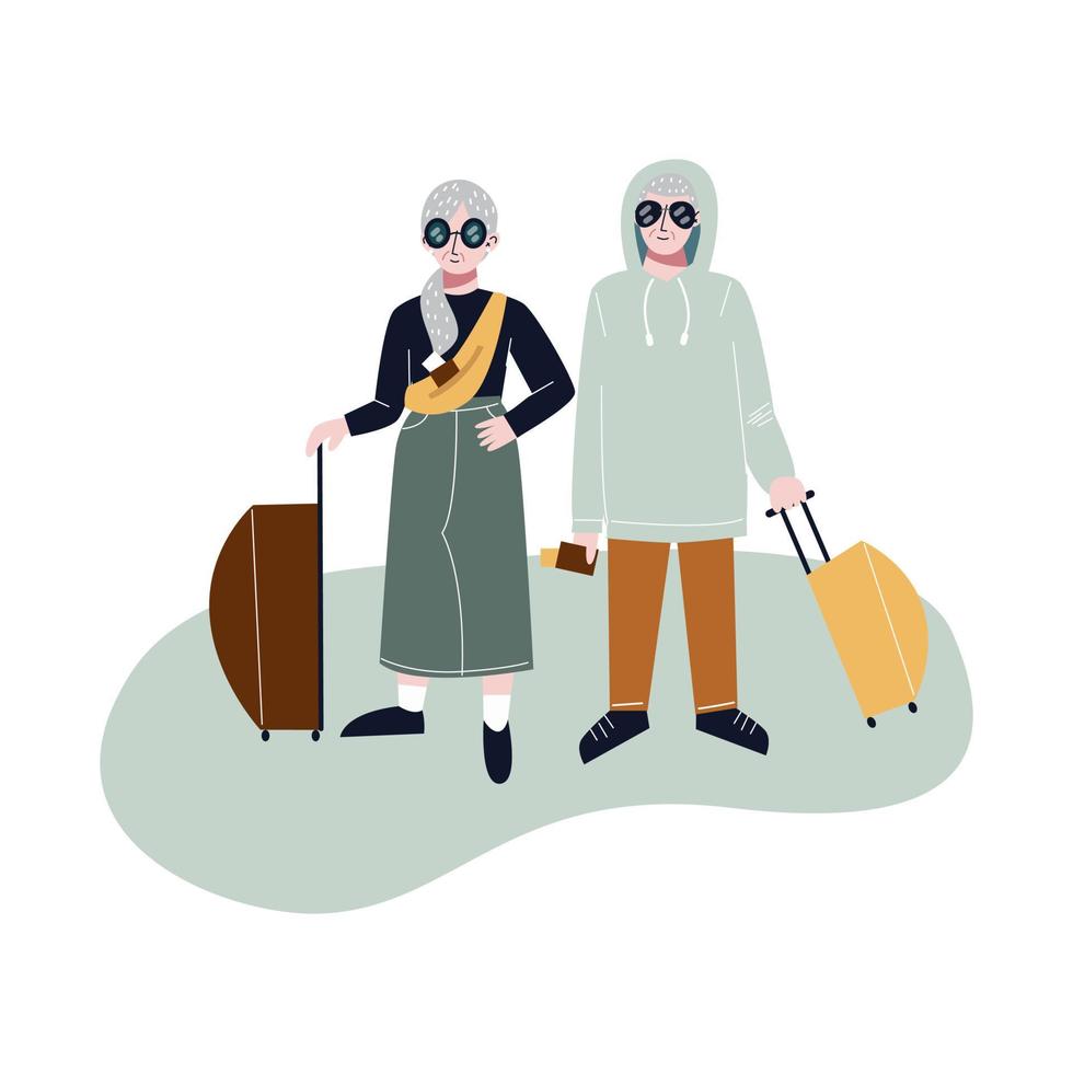 Elderly couple of tourists. Grandparents with suitcases are traveling. Old modern couple with luggage. Flat vector illustration.
