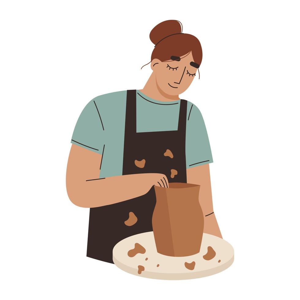 Woman making pottery. Handcraft pottery workshop. Flat vector illustration.