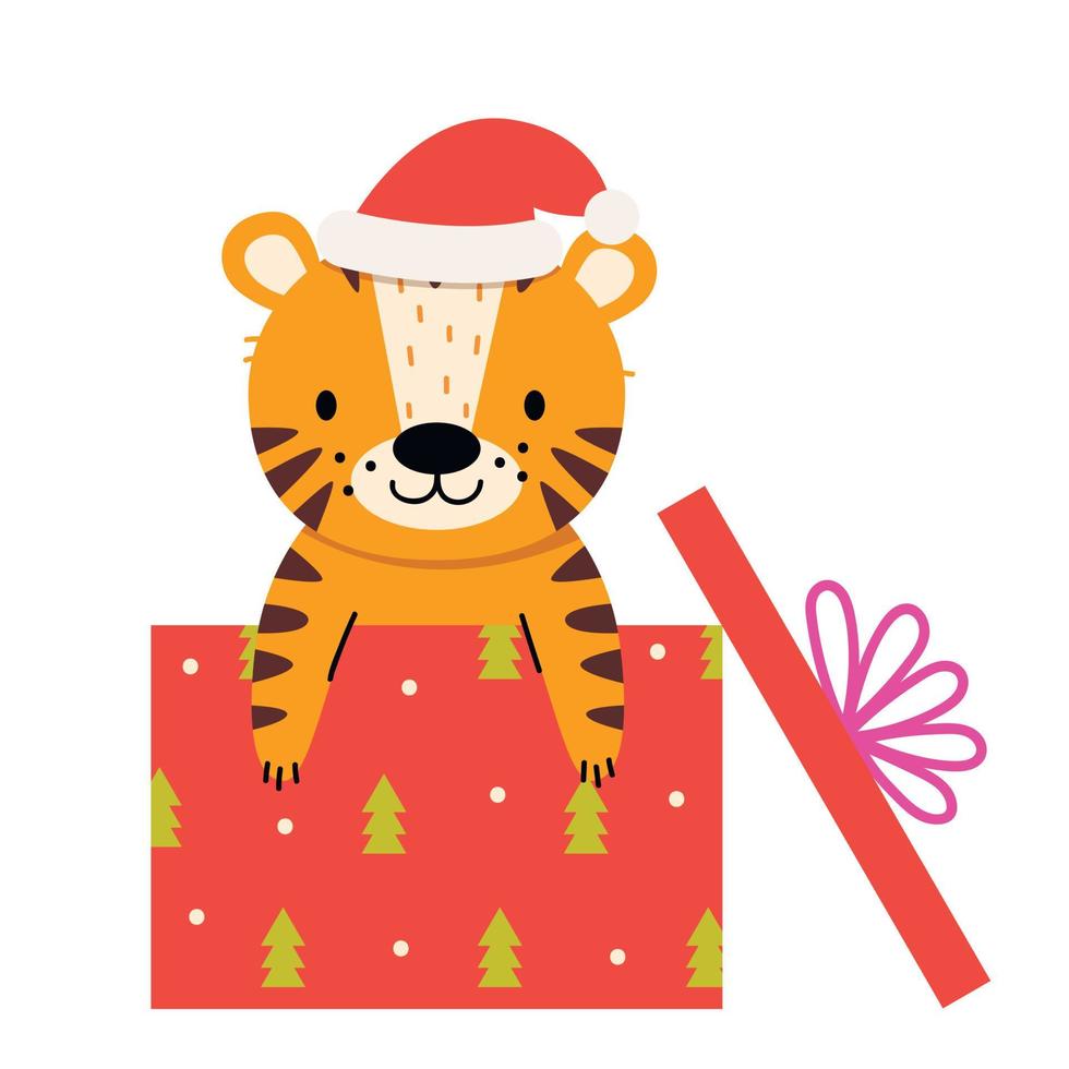 lindo tigre en caja de regalo de navidad. año del tigre. ilustración vectorial vector