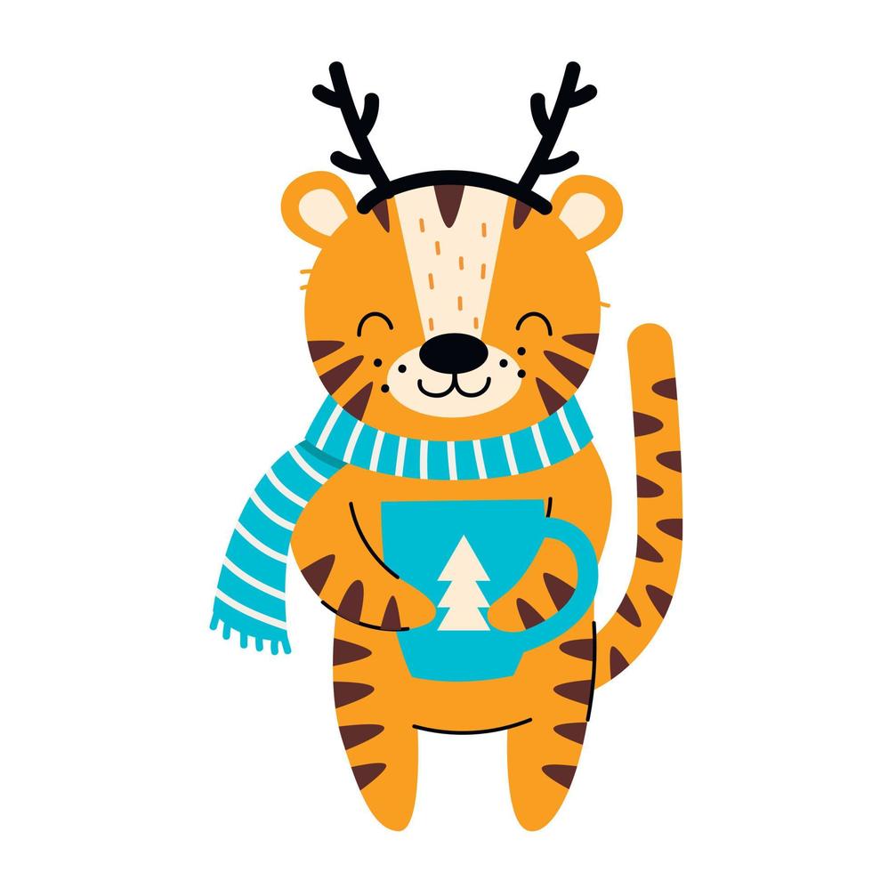 lindo tigre navideño con cuernos de venado y taza de té. año del tigre. ilustración vectorial vector