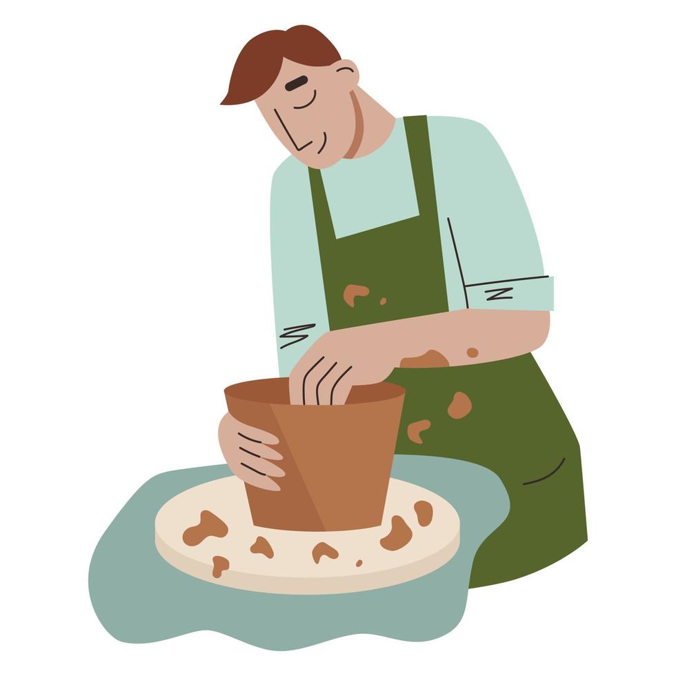 Man making pottery. Handcraft pottery workshop. Flat vector illustration.