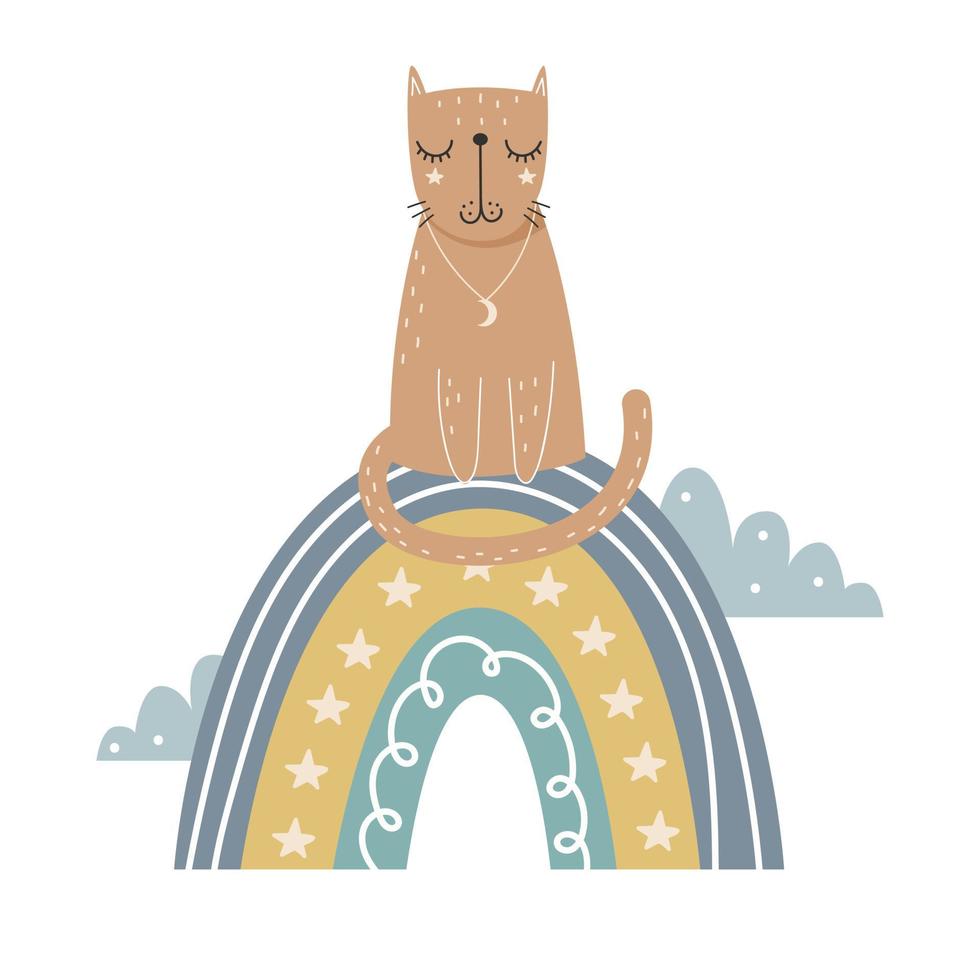 Cute cat sitting on a rainbow. Vector illustration.