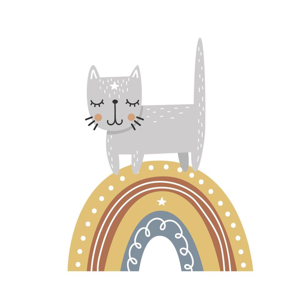 Cute cat on a rainbow. Vector illustration.