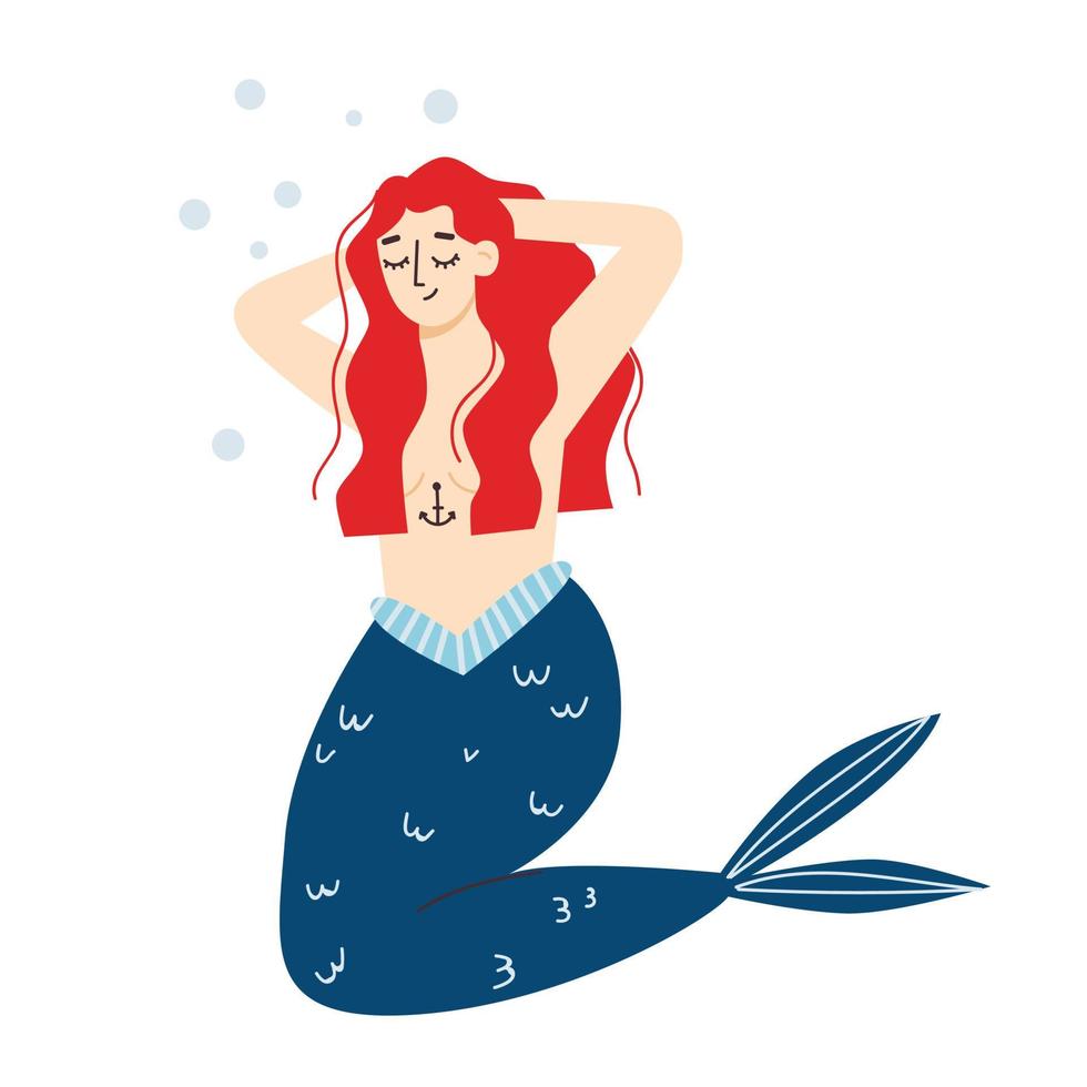 Cute mermaid with red hair and with anchor tattoo. Flat vector illustration.