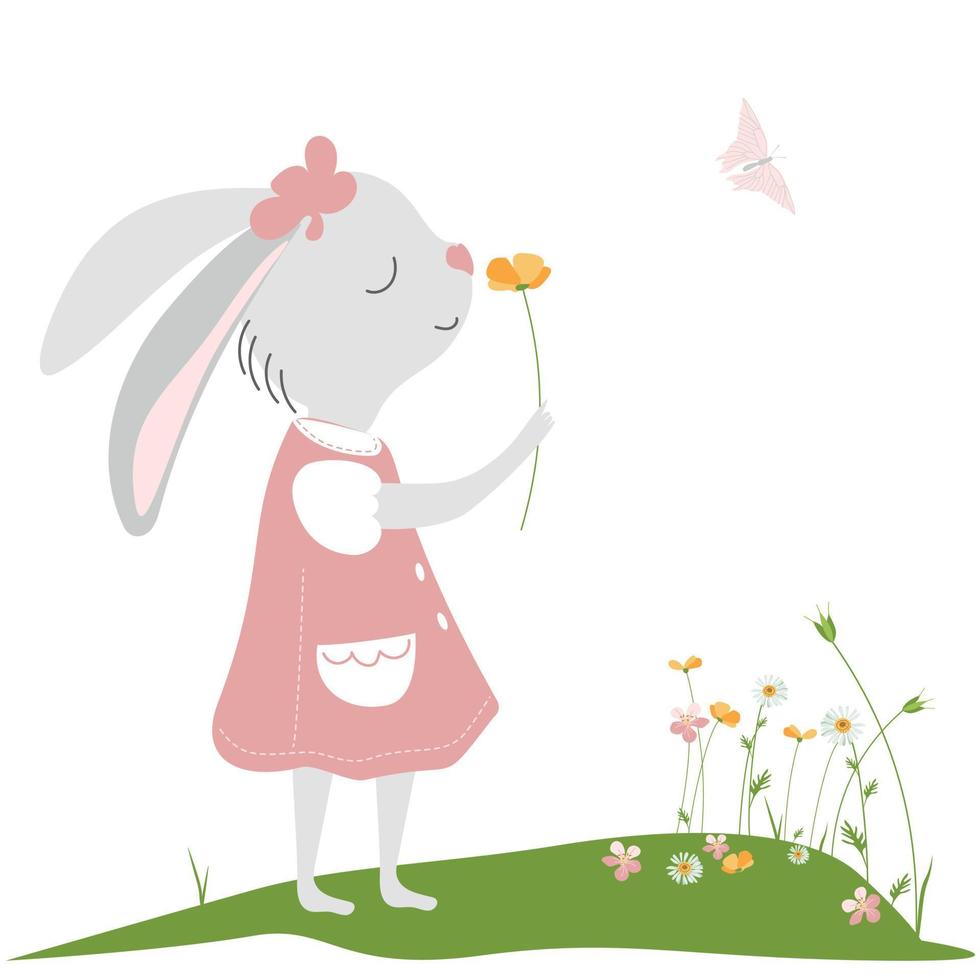 Cute bunny in a pink dress in a flower meadow vector