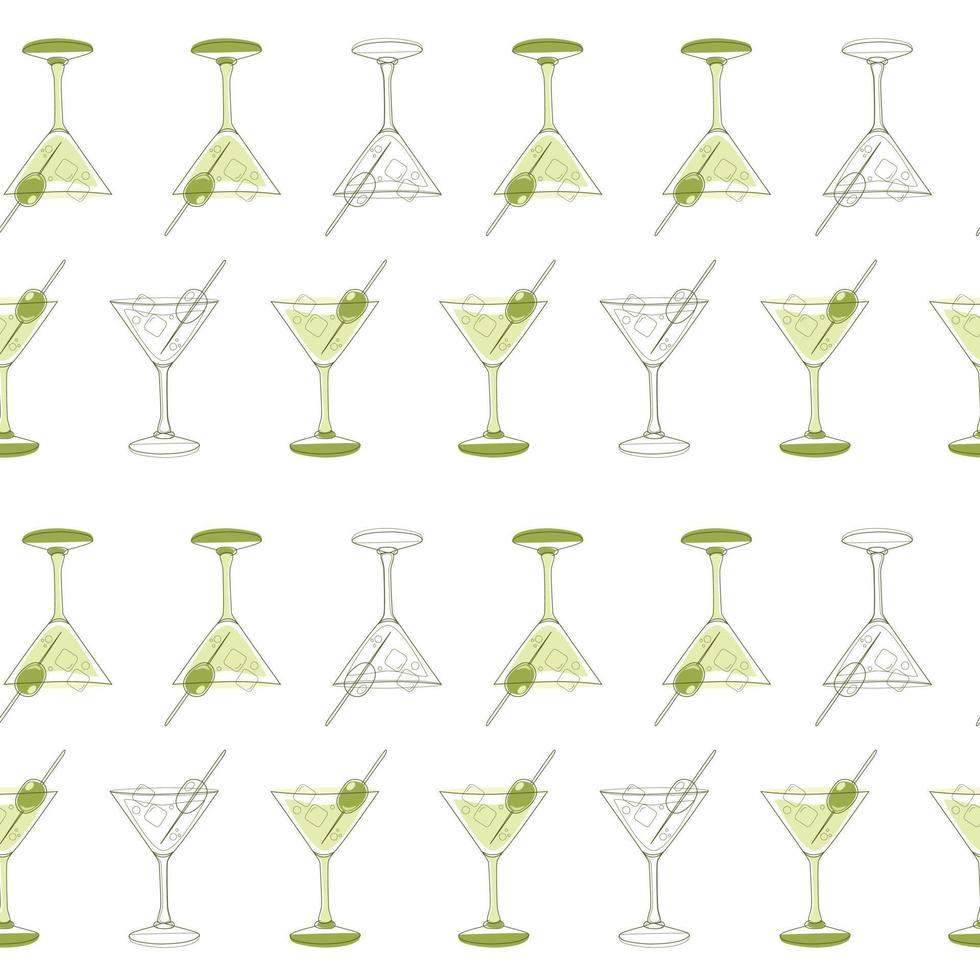 Seamless pattern of martini glasses and olives in a linear style vector