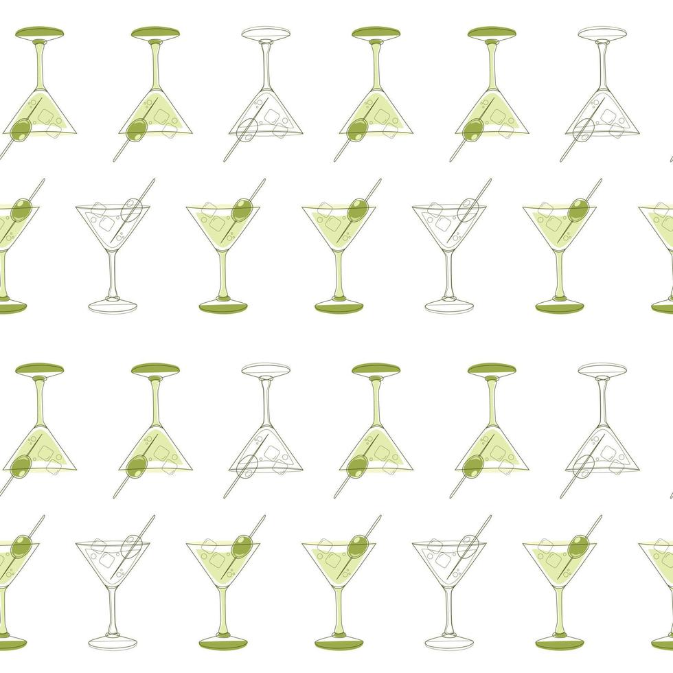 patrón sin costuras de copas de martini y aceitunas en un estilo lineal vector