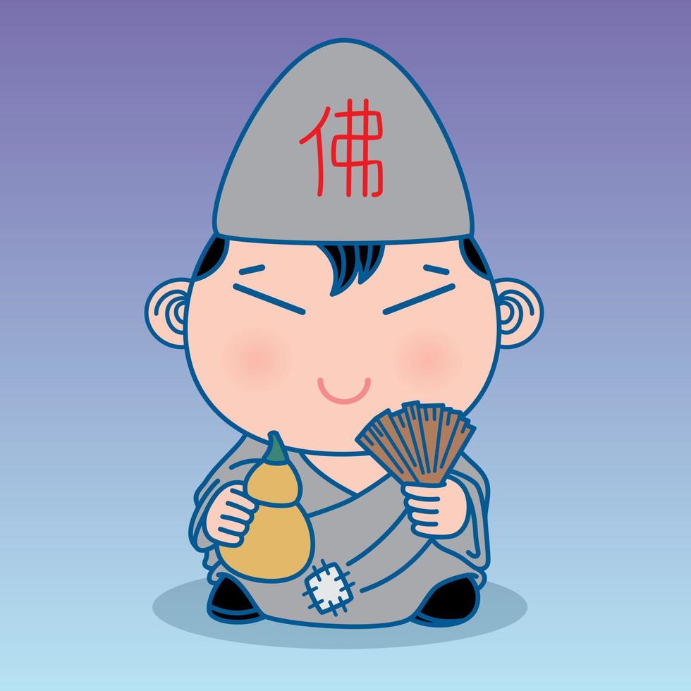 Chinese god named Ji Gong, Cute cartoon character vector illustration.