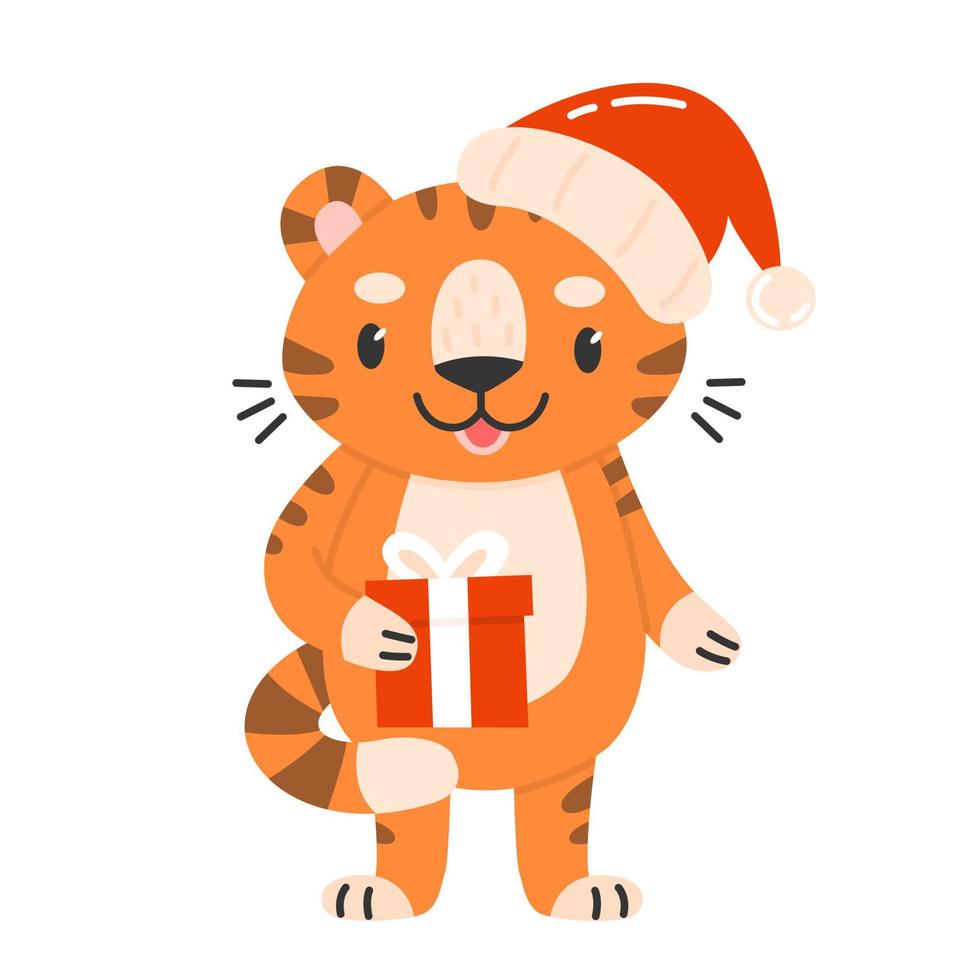 Cute new year character tiger cub with gift and hat in cartoon style. Vector Christmas isolated illustration. Merry christmas and new year 2022. The year of tiger.